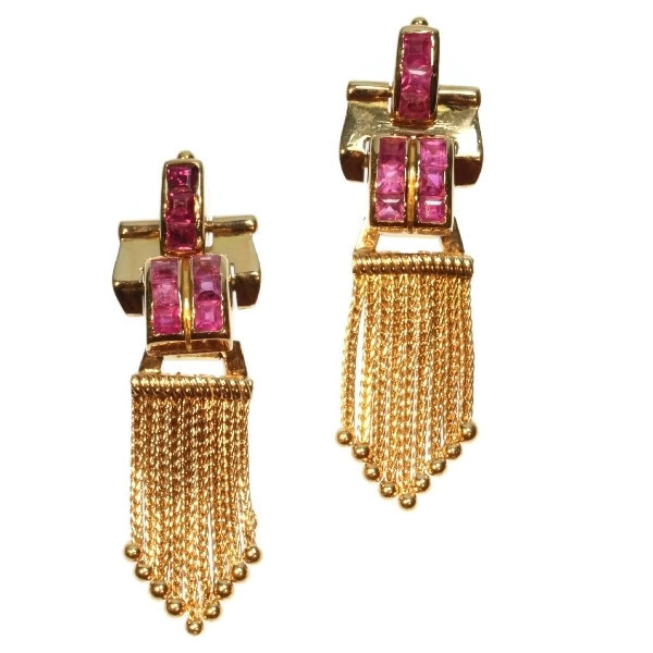 Retro yellow gold dangle earrings ruby channel setting
